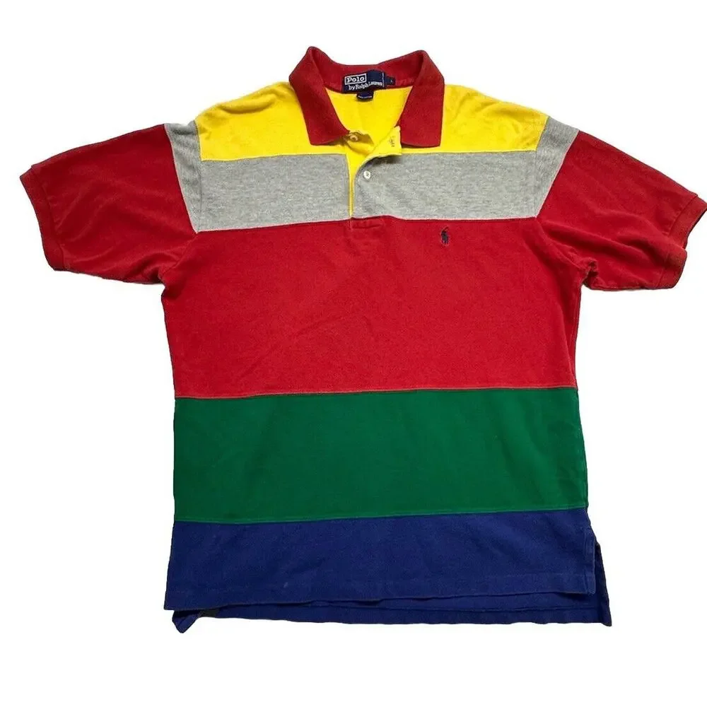 VINTAGE POLO RALPH LAUREN Men’s Size Large Color block Short Sleeves‎ Red Yellow